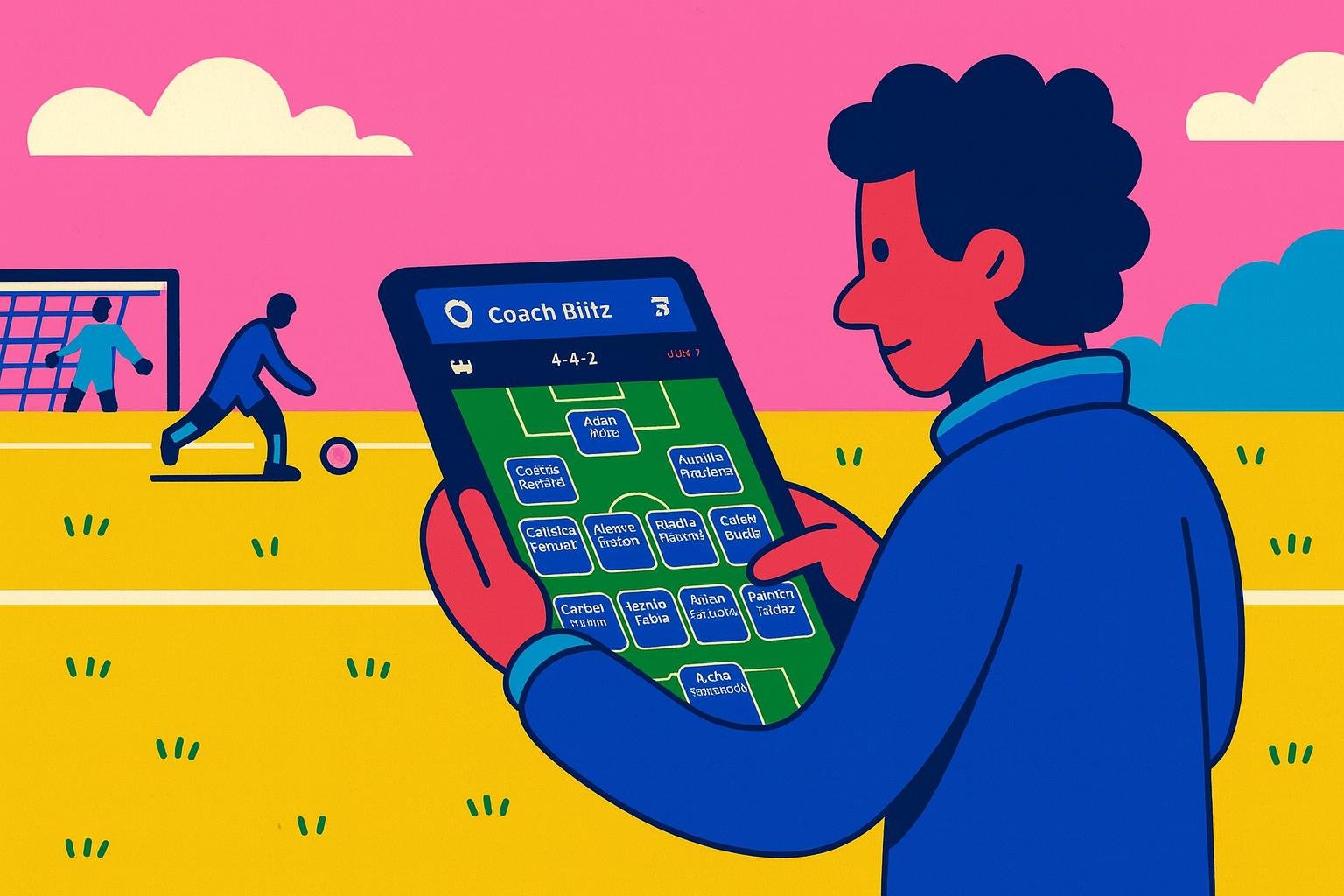 Entrenador en la línea de banda usando Coach Blitz para gestionar la alineación