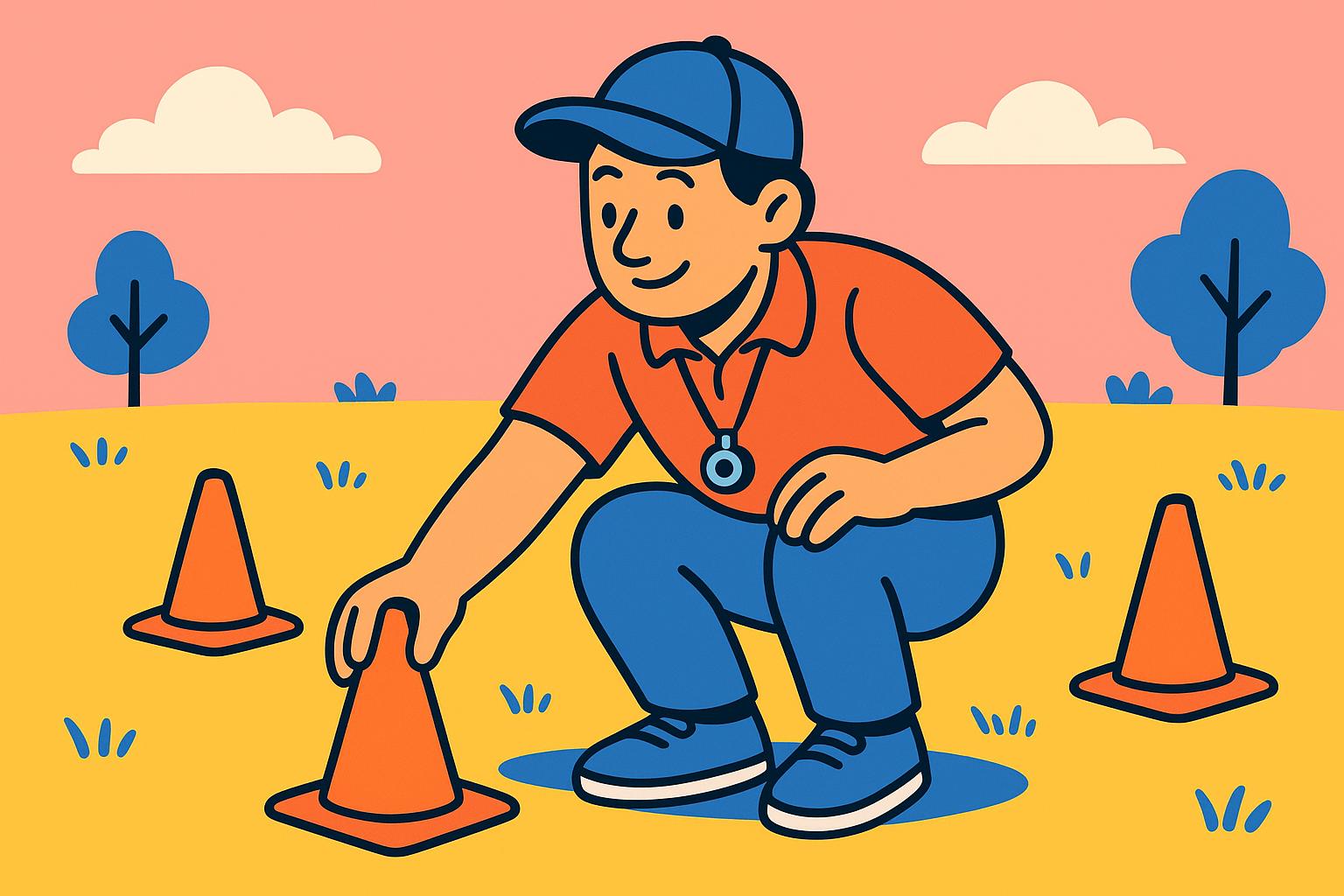Entraîneur installant des cônes sur le terrain avant l'entraînement