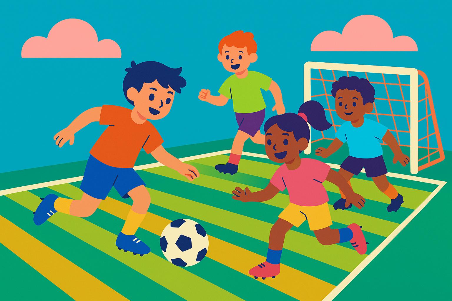 Niños haciendo un ejercicio de fútbol divertido o jugando un juego reducido