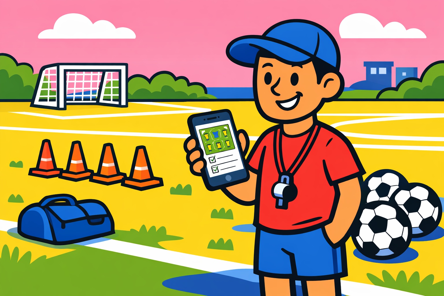 Un allenatore che controlla un piano di allenamento di calcio su un telefono prima dell'allenamento