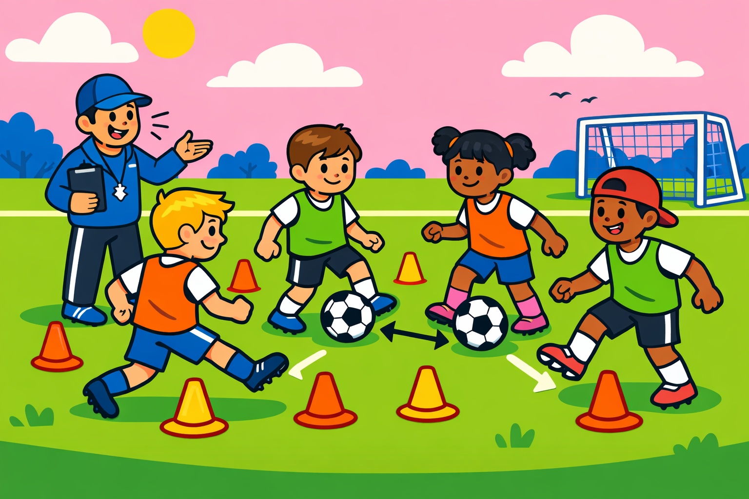 Giovani calciatori che eseguono un esercizio tecnico di passaggio con i coni