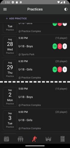 Screenshot of Coach Blitz practice list