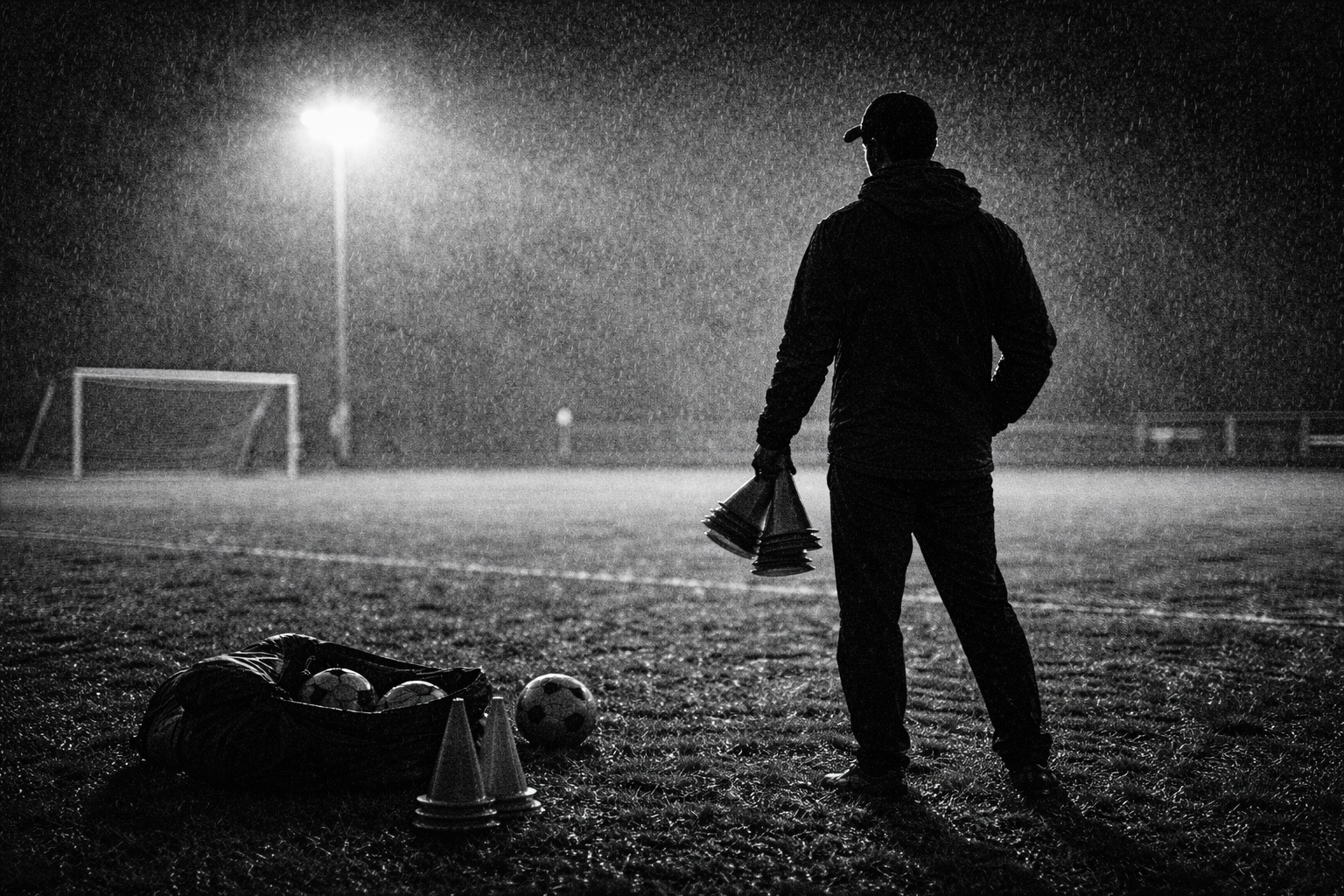Humble soccer coach standing on a sideline in the rain