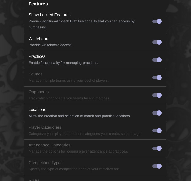 Advanced Coach Blitz settings for managing squads, rules, and data.