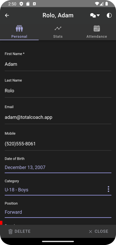 Screenshot of Coach Blitz Player details view.