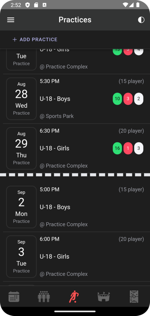 Screenshot of Coach Blitz Practice list view.